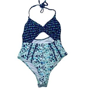 Cupshe Womens Blue Floral Cut Out One Piece Halter Swimsuit Size Medium